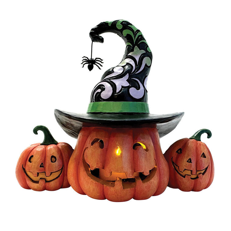 Enesco Jim Shore Three Halloween Jack-o'-Lanterns Figurine With Light, 6.1" H